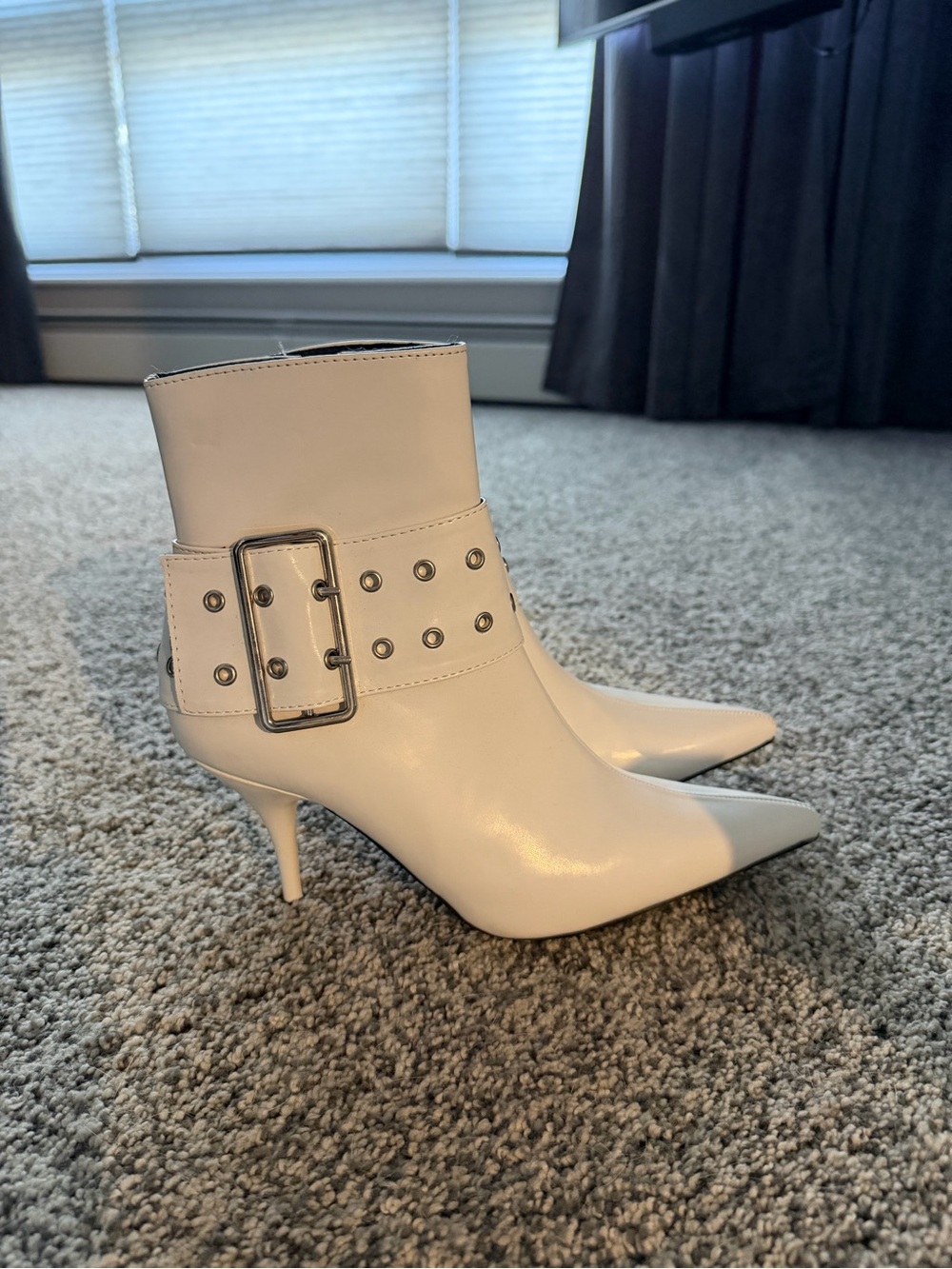 Cider White Pointed-Toe Buckle Ankle Boots